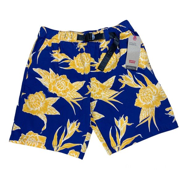 Levi's Floral Shorts Men's Size Large Belted Utility Navy Yellow Tropical - Picture 1 of 10